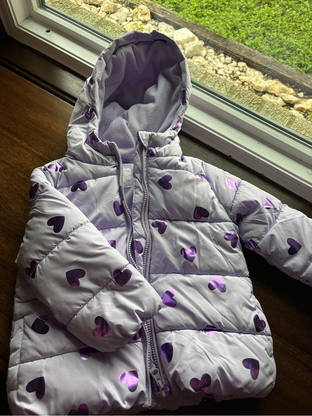Children’s place Lilac Puffer Jacket with Metallic Purple Hearts fleece lining